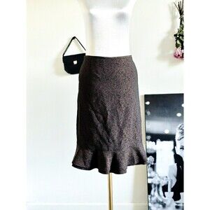 Vintage 2000s Y2K Brown Paisley Ruffle Pencil Skirt Knee Length S Classic Office